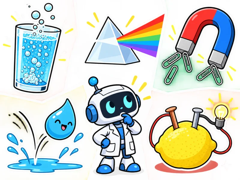 Playful science sticker collage with a prism magnet lemon battery droplet and tiny lab robot on chunky pastel blocks.