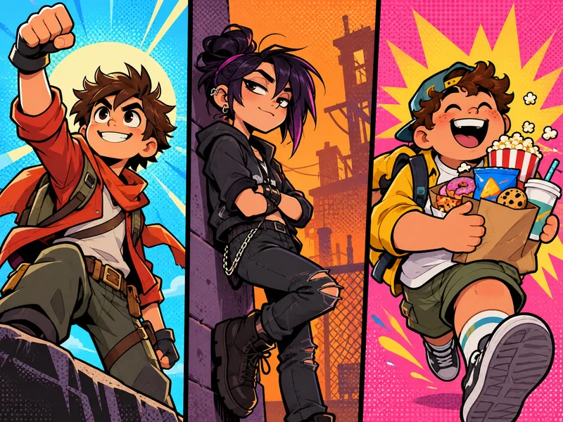 Pop-art triptych of three original story roles in cyan orange pink and yellow with comic halftone energy.