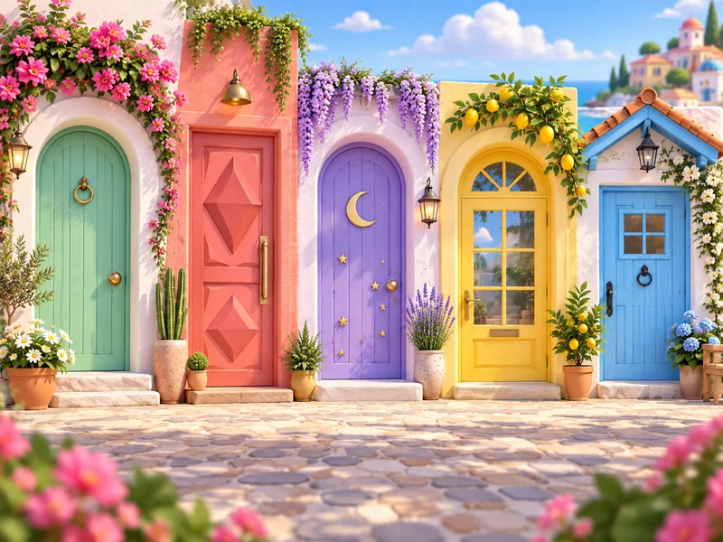 Five candy-color doors on a sunny playful street with flowers rounded forms and cheerful three-dimensional styling.