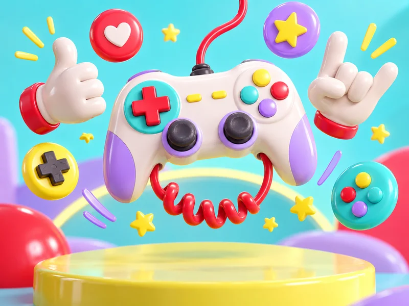 Glossy toy-like controller with expressive floating hands button bubbles and a smiling cable in a candy-color studio.