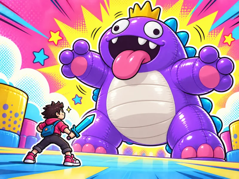 Tiny confident player facing a huge silly inflatable monster in a bright comic sticker arena with halftone bursts.
