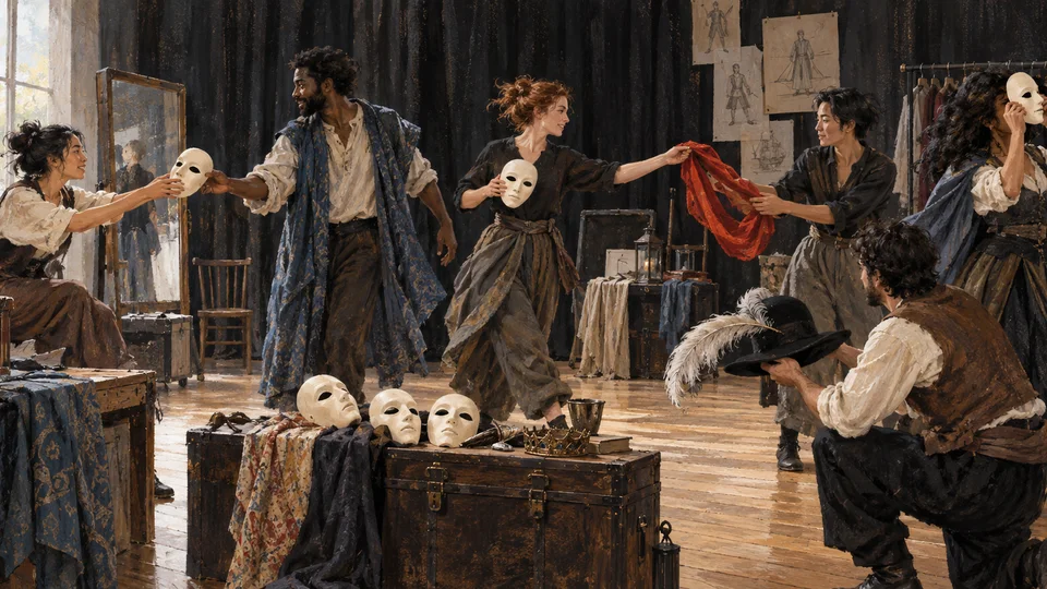 Original archetypal performers preparing backstage with masks and props, theatrical historical collage without franchises.