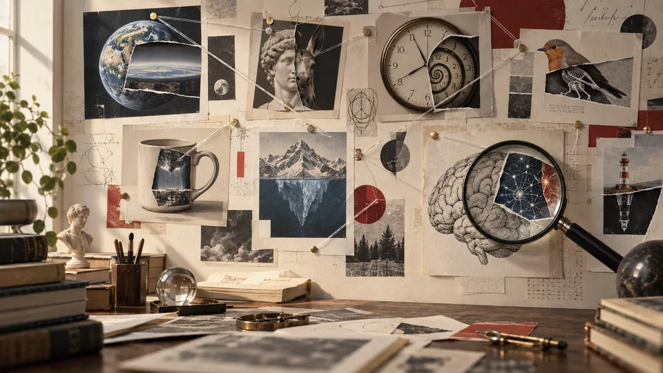 Research wall of contradictory visual evidence with magnifying glass, sophisticated paper collage and warm cream palette.