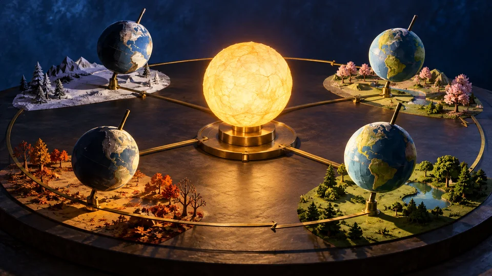 Tabletop brass orrery with tilted globes and four seasonal landscapes orbiting a glowing sun lamp.
