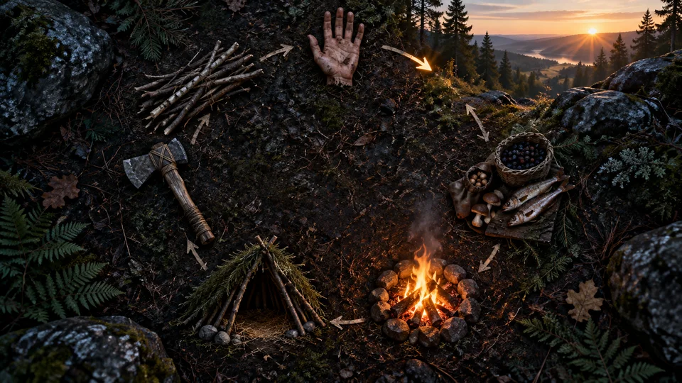 Broken circular sequence of gathering crafting shelter fire and dawn arranged on a dark forest floor.