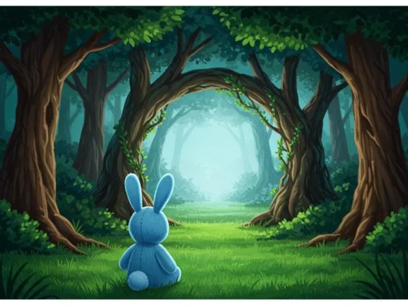 A small blue toy rabbit facing a sunlit clearing in a deep green forest