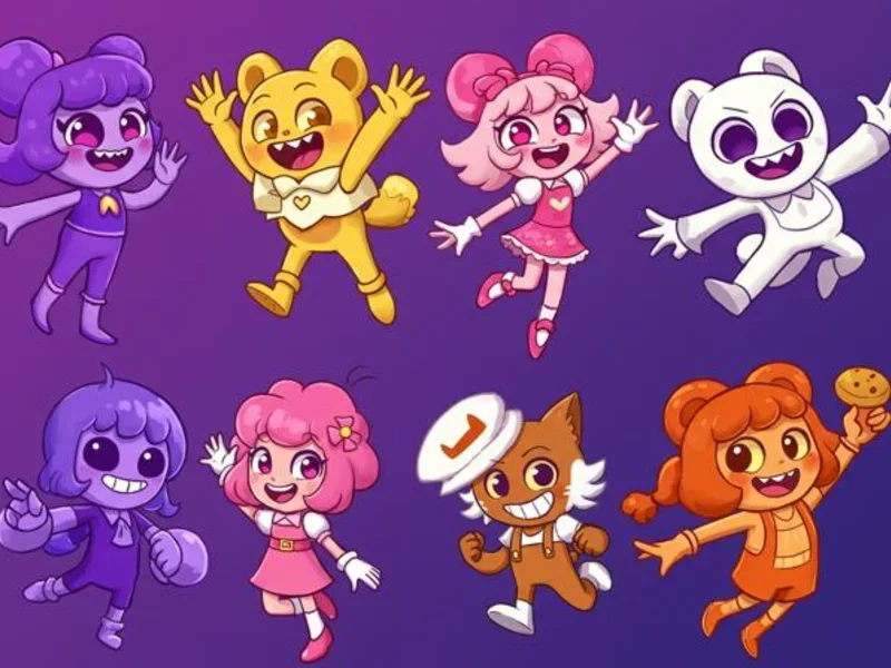 Eight colourful cartoon sidekicks jumping against a purple backdrop