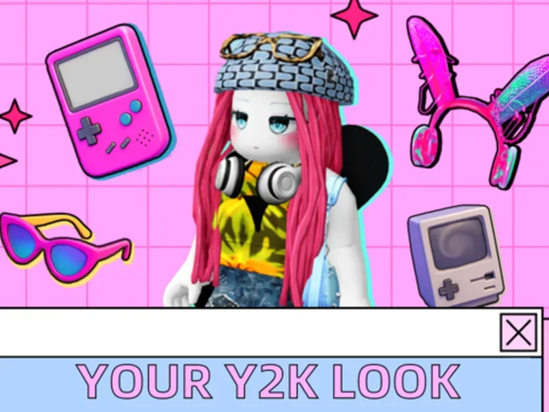 Bright Y2K collage with a pink handheld console, headphones and digital accessories